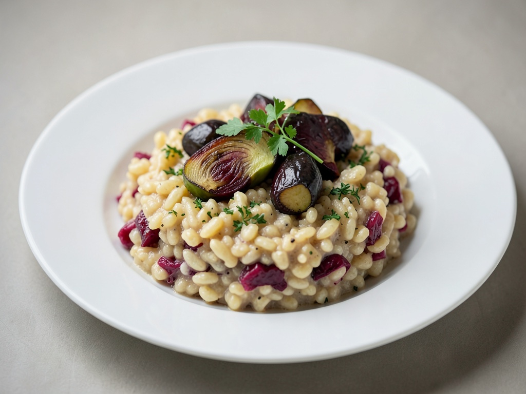 Risotto alle erbe e mirtilli rossi, con cavolo di Bruxelles all'aceto balsamico