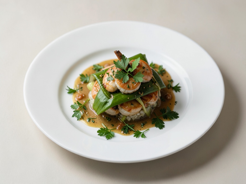 Gambas con hierbas sobre hojas de maíz