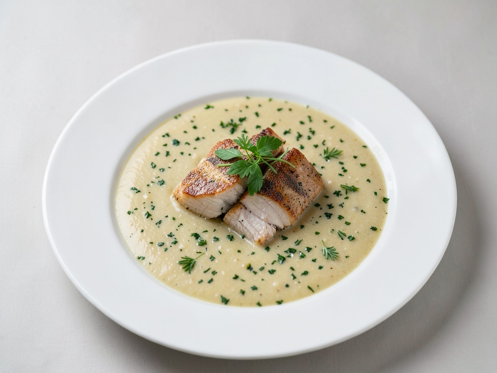 Sopa cremosa de patatas con hierbas y trucha