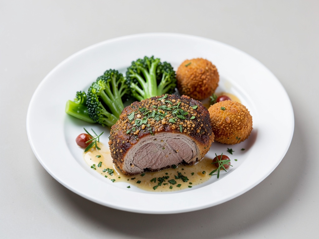 Agnello croccante alle erbe con Romanesco e crocchette