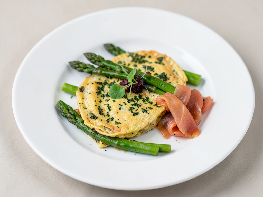 Omelette aux herbes avec asperges vertes et saumon fumé