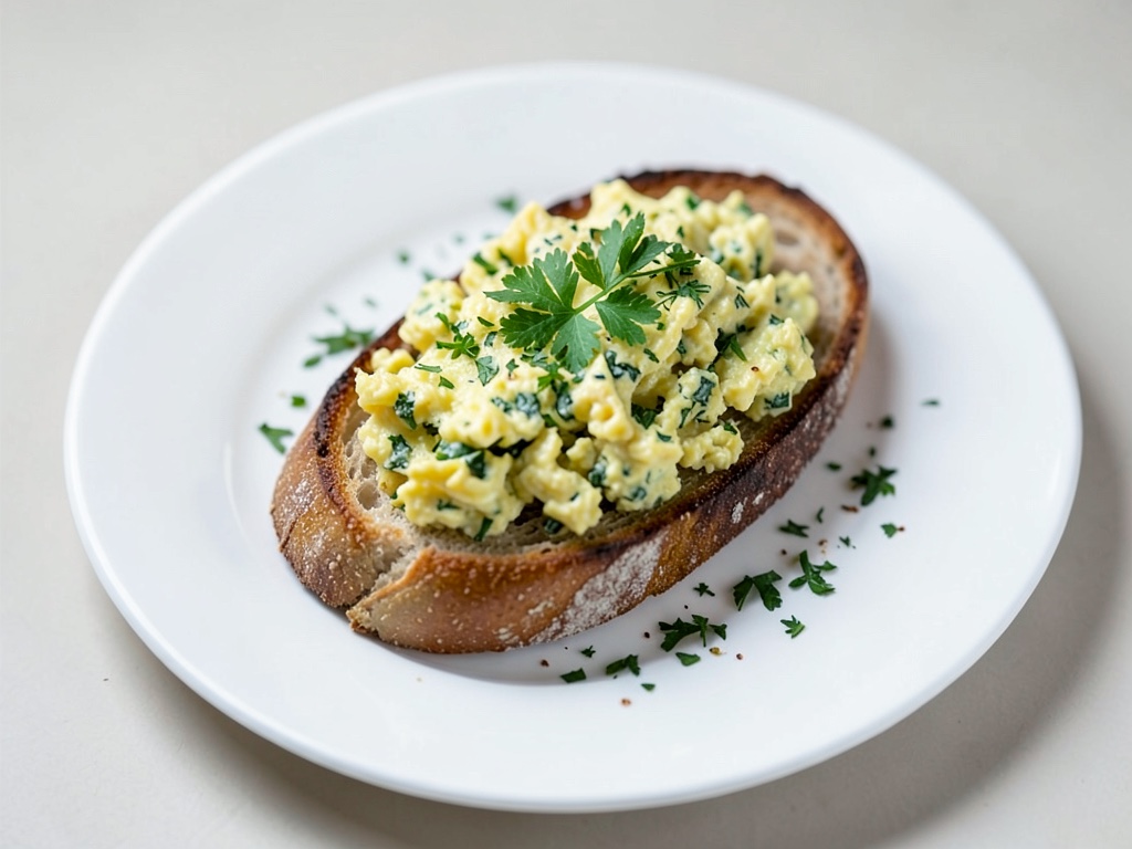 Huevos revueltos de cebolleta sobre baguette tostado
