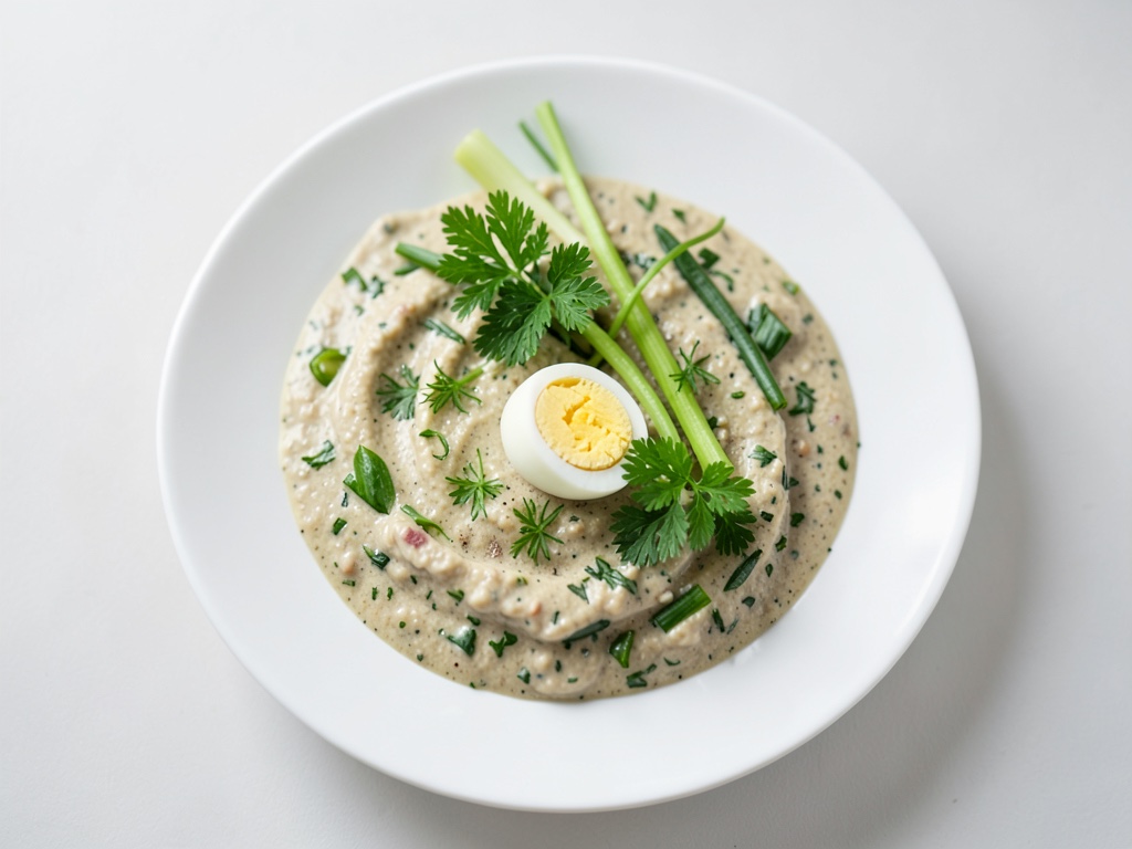 Zuppa cremosa alle erbe con uova alla coque