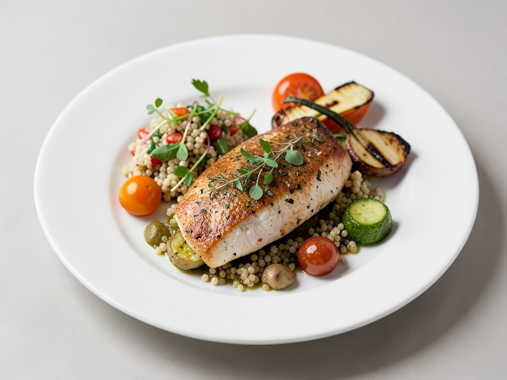 Pesce alle erbe con insalata di quinoa e verdure alla griglia