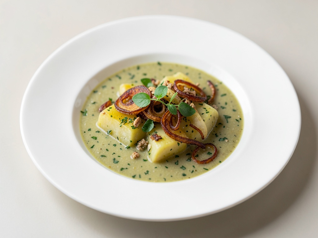 Soupe de pommes de terre aux herbes et oignons croustillants