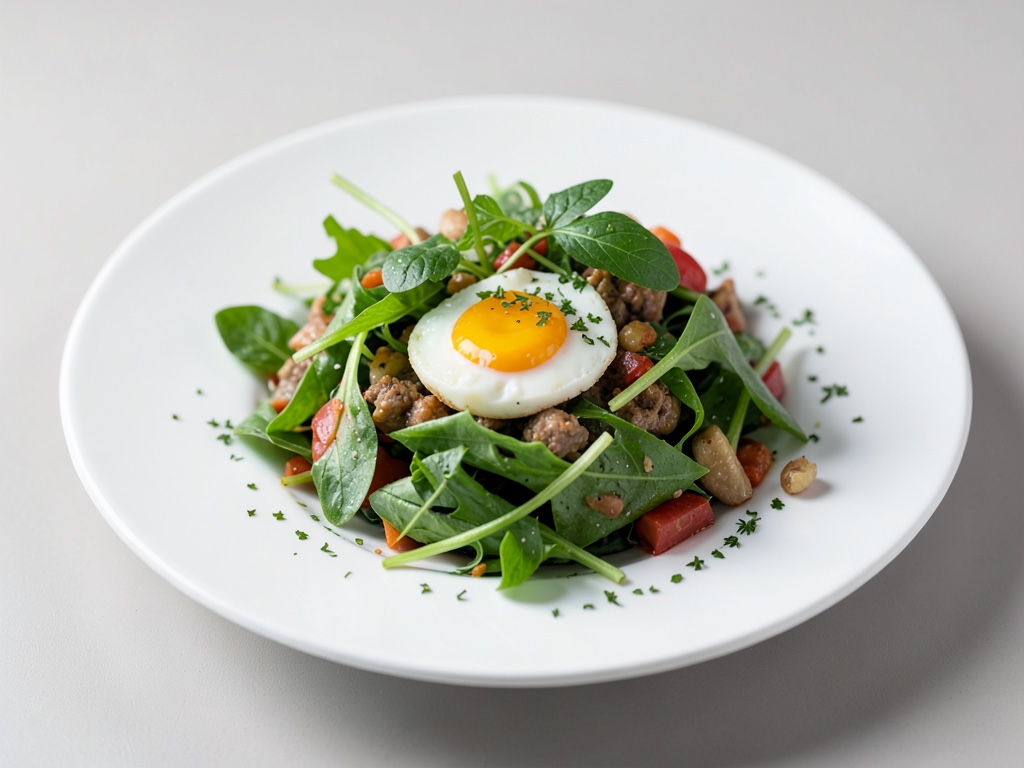 Ensalada fresca de hierbas con huevos pochados