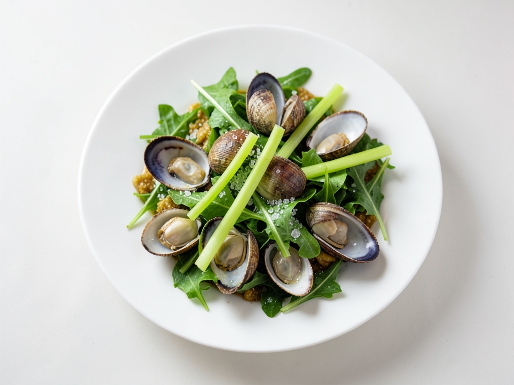 Coquilles Saint-Jacques sur salade de herbes fraîches avec vinaigrette au piment