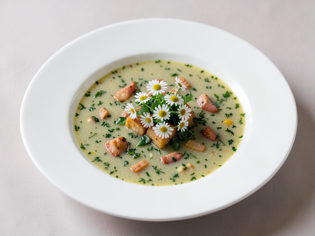 Zuppa fresca di erbe con margherite