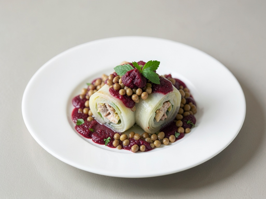 Roulades de chou frisé aux lentilles et sauce betterave-raifort