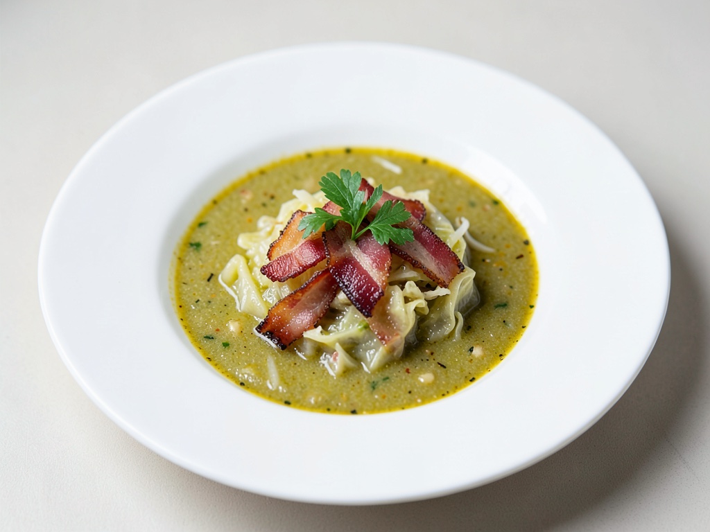 Sopa de col sabrosa con bacon crujiente