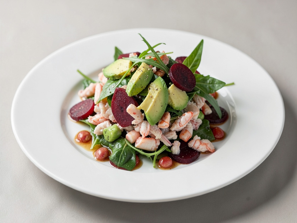 Insalata fresca di carne di granchio con avocado e barbabietola