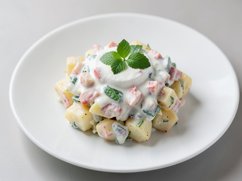 Insalata di patate e granchio con condimento alla panna acida