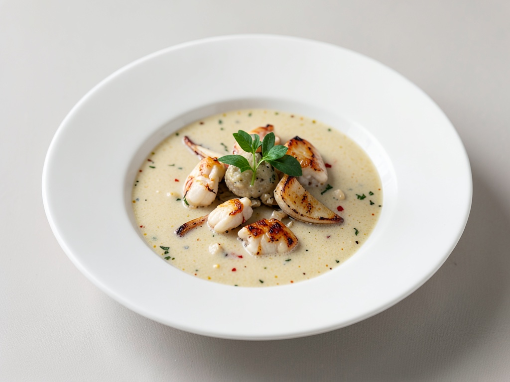 Sopa cremosa de cangrejo de río con aroma asado