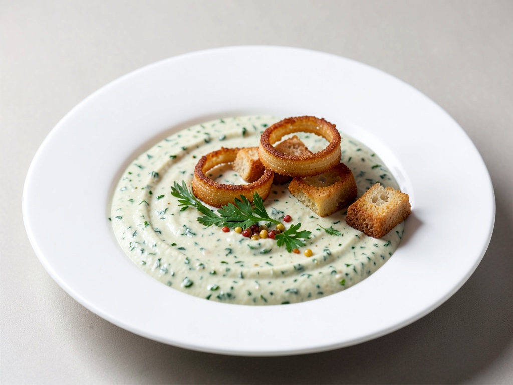 Zuppa cremosa di crescione con cipolle croccanti e crostini