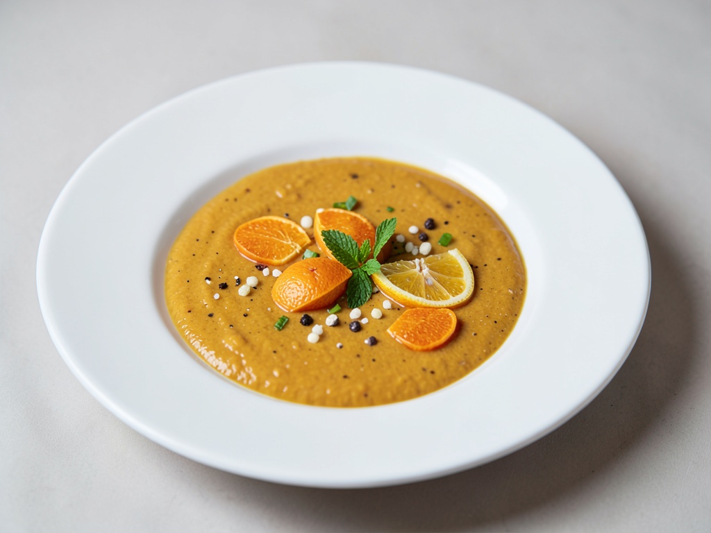 Sopa cremosa de calabaza y coco con naranjas frescas