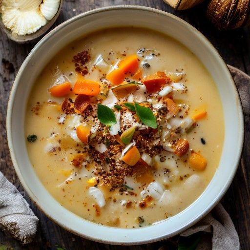 Sopa cremosa de calabaza y coco con semillas crujientes