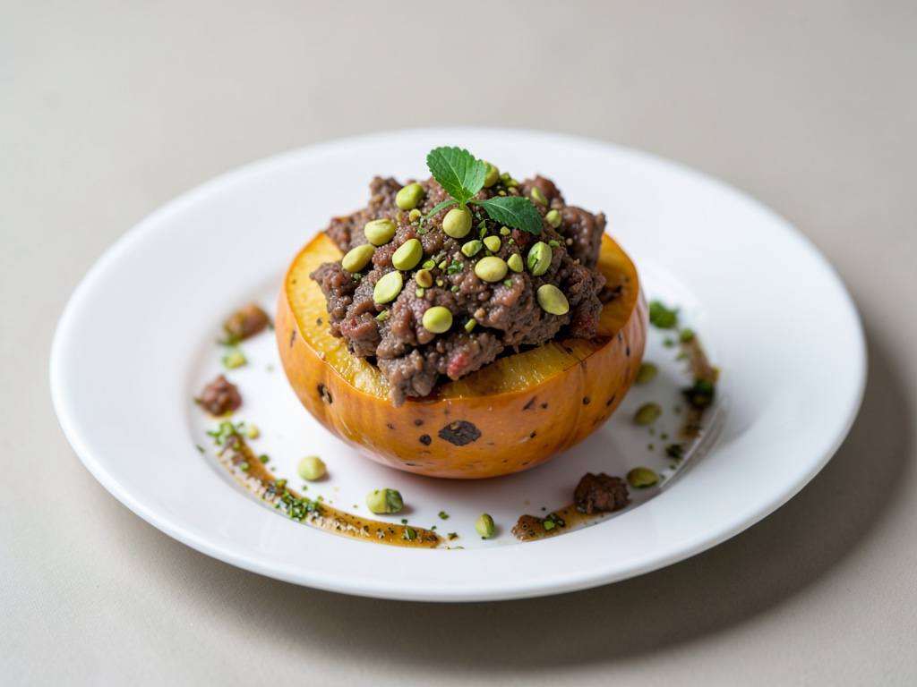 Zucca ripiena con ripieno di carne tritata e pistacchi