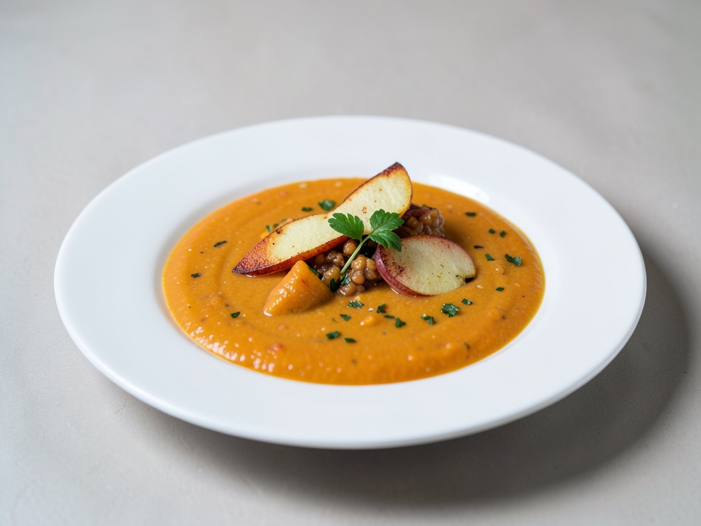 Sopa cremosa de calabaza y zanahoria con crujientes manzanas