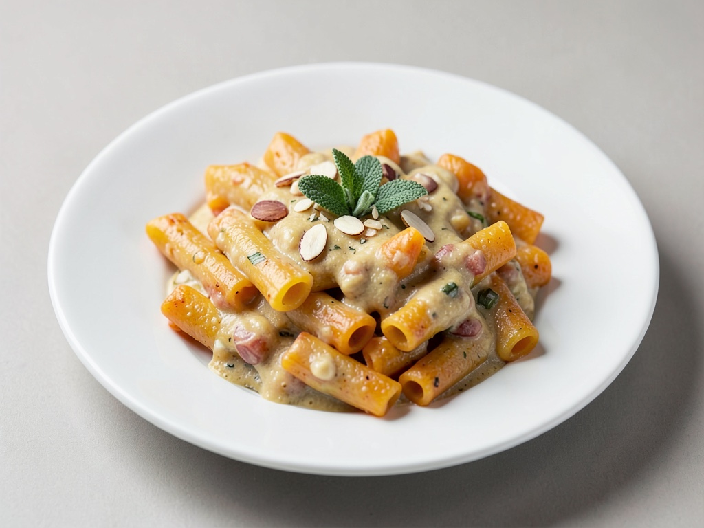 Cremige Kürbis-Penne mit Salbei und Mandeln