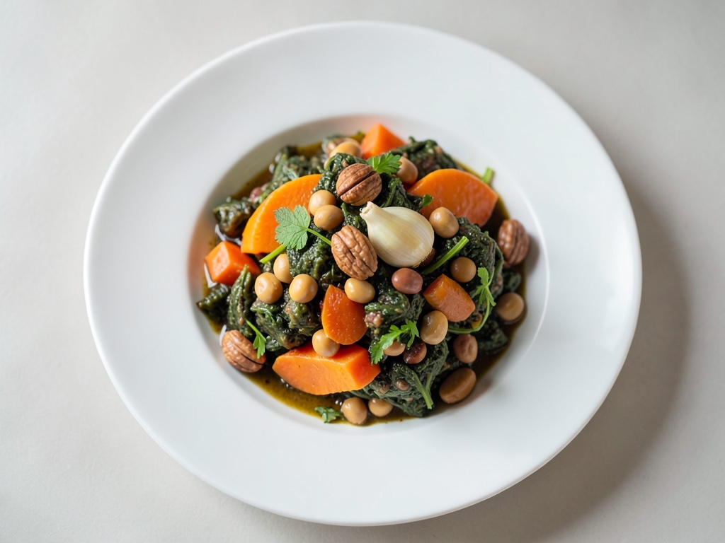 Guiso cremoso de calabaza y espinacas con garbanzos y nueces