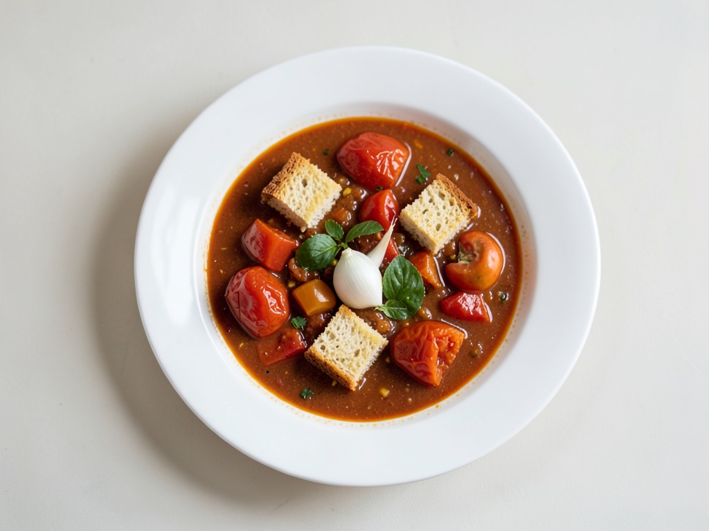 Sopa cremosa de calabaza y tomate con cubos de pan crujientes