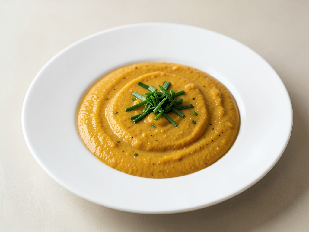 Zuppa cremosa di zucca con topping al cerfoglio