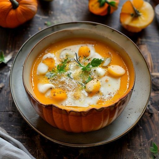 Zuppa cremosa di zucca Hokkaido servita nella zucca