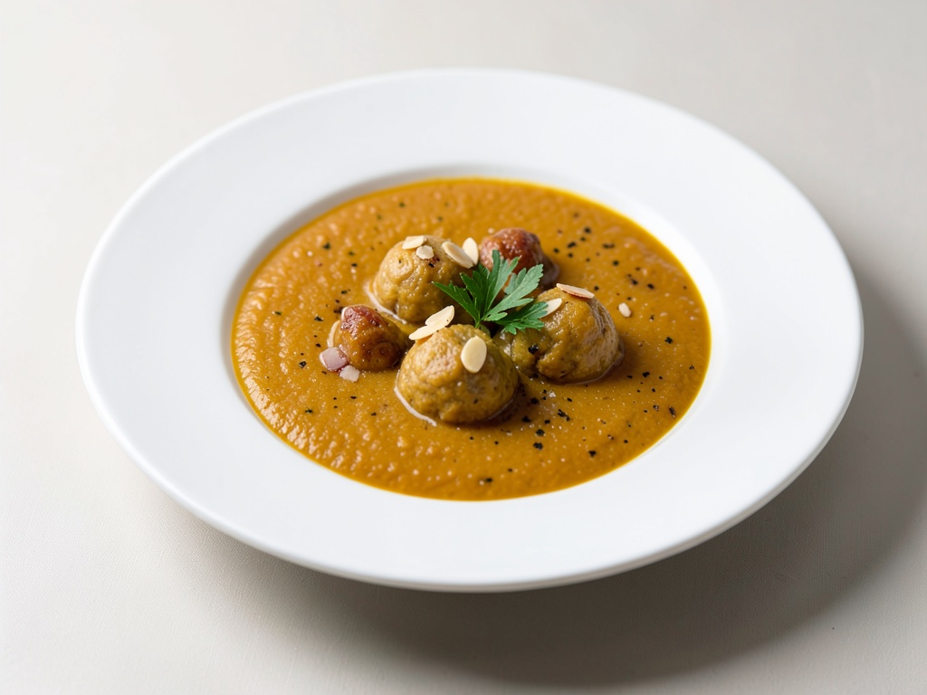 Zuppa cremosa di zucca con polpette di mandorle