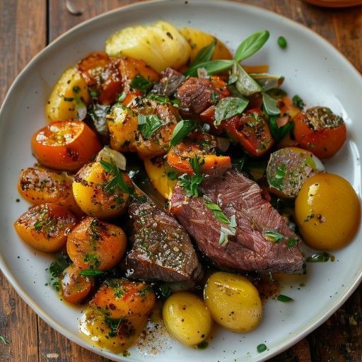 Zucca al forno con pesto, bistecca di scottona e patate caramellate