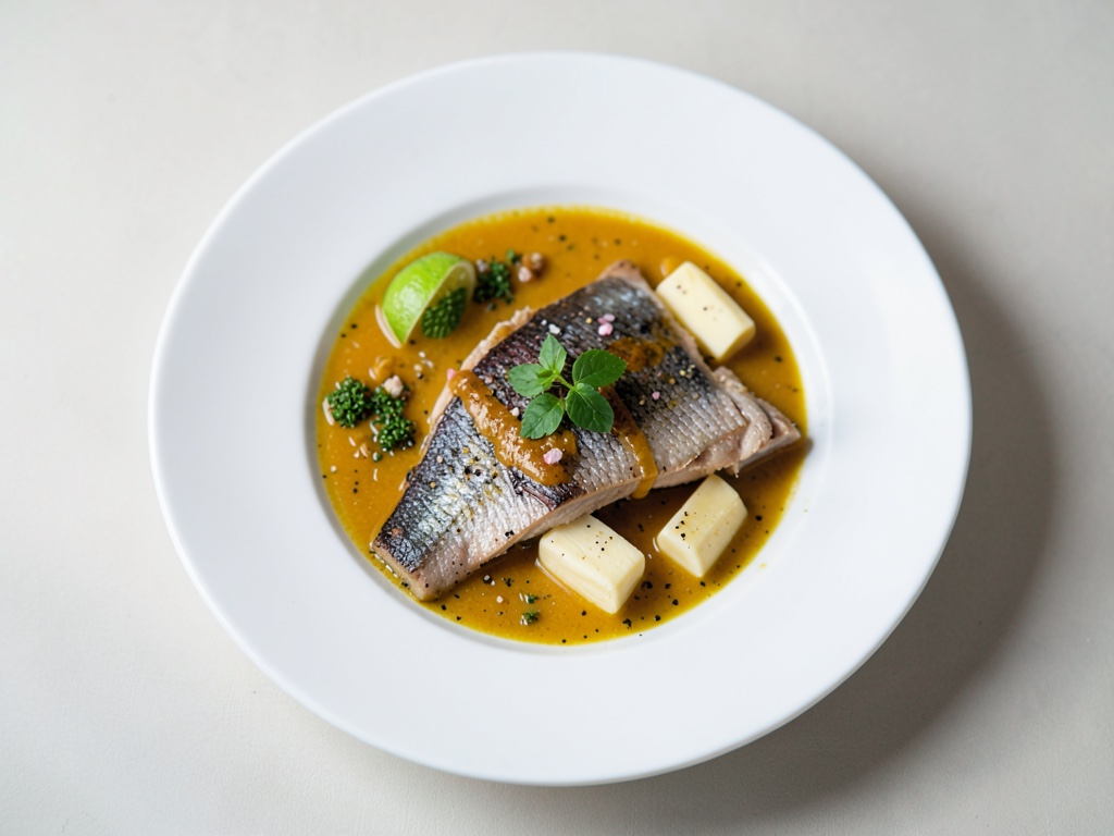 Cremige Kürbissuppe mit gebratenem Fisch