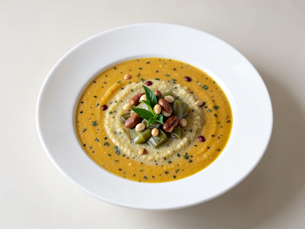 Sopa cremosa de calabaza y puerco con nueces