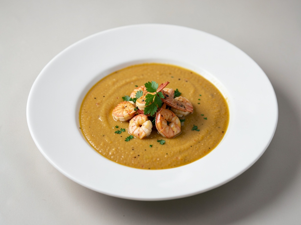 Zuppa cremosa di zucca con gamberi fritti