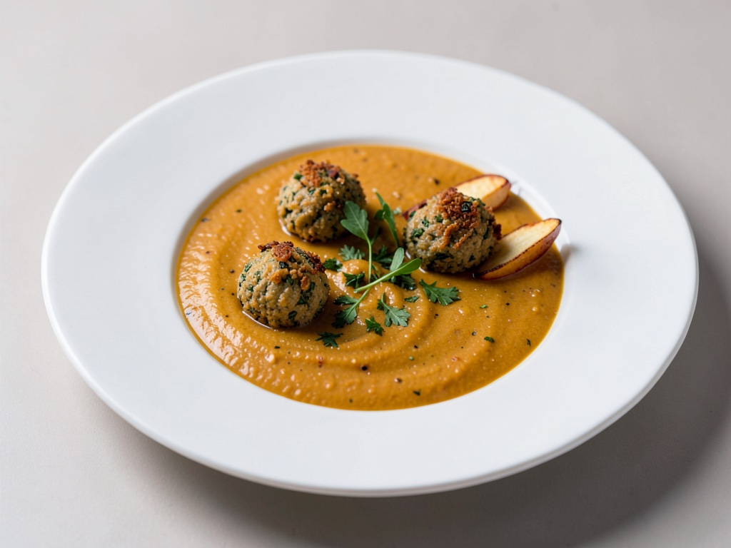 Zuppa cremosa di zucca con crocchette di erbe e spicchi di caramellizzati