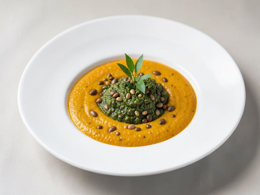 Zuppa cremosa di zucca con pesto di semi di zucca fatto in casa