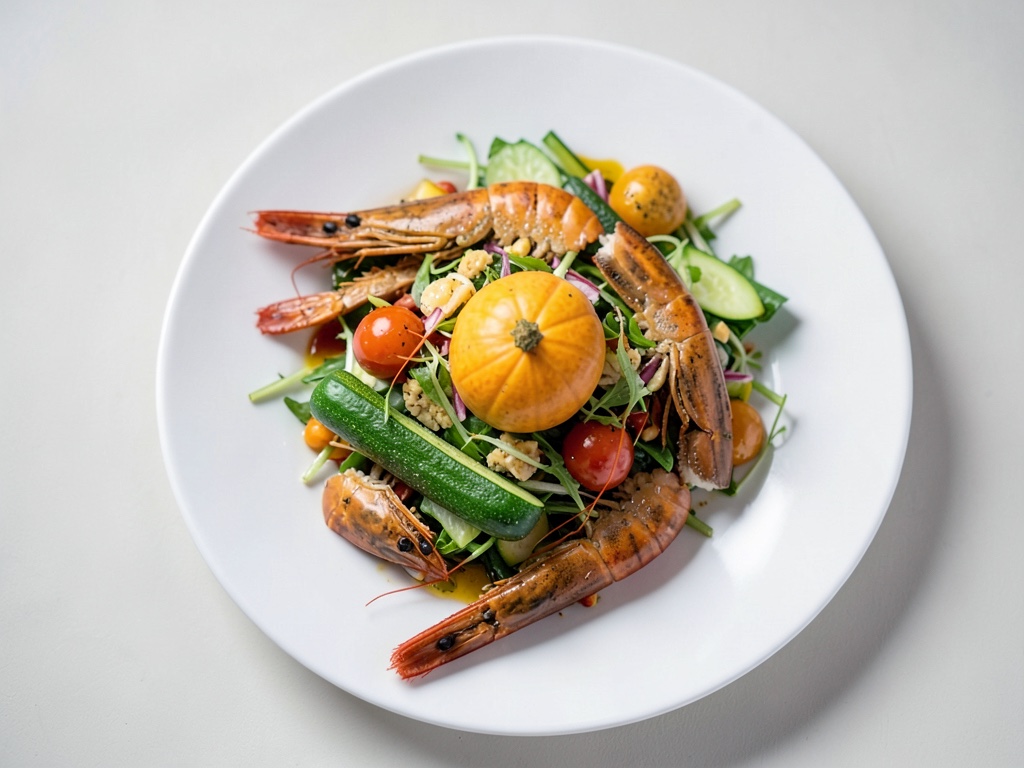 Insalata croccante di zucca e gamberi con foglie di barbabietola