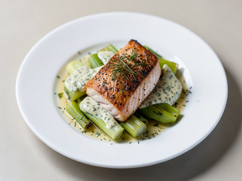Ofenlachs auf gedünstetem Lauch mit Dill-Senf-Dressing