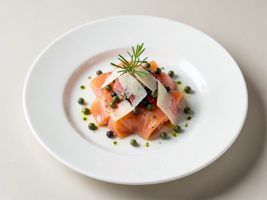Carpaccio di salmone tenero con parmigiano e pepe verde