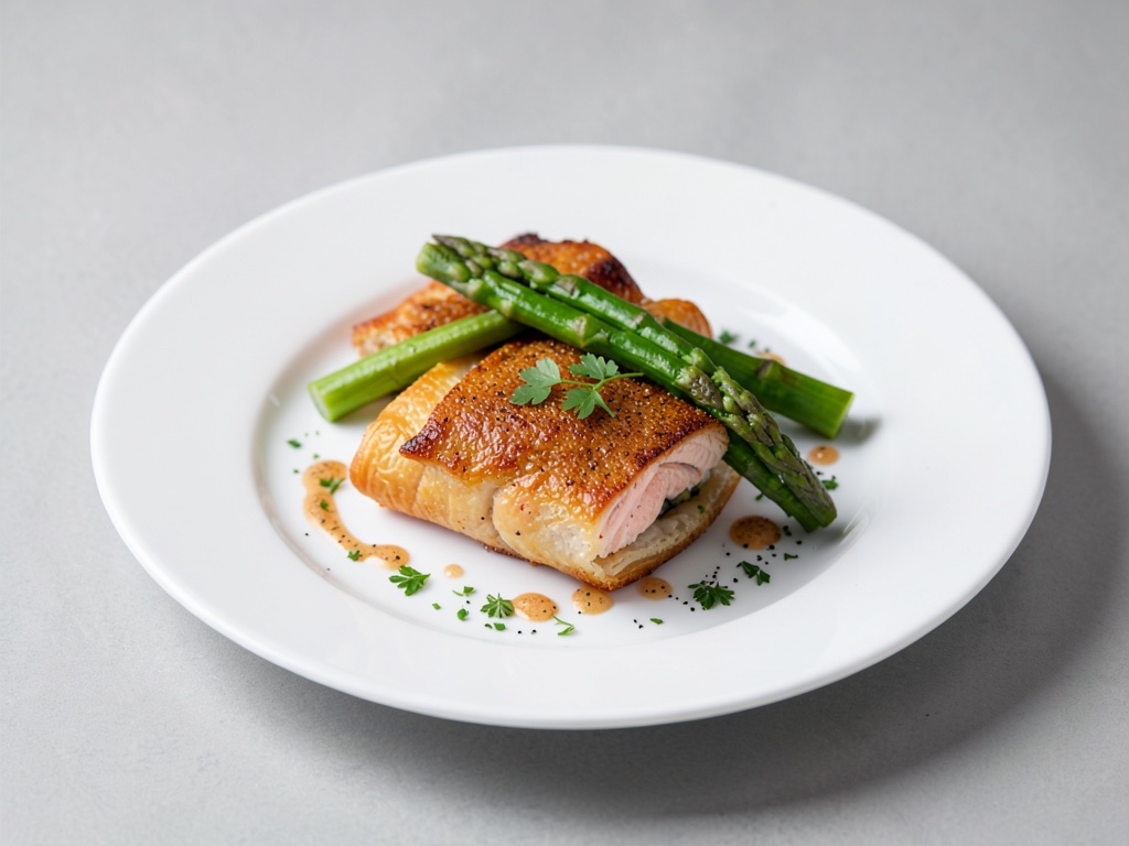 Salmone croccante in pasta sfoglia con asparagi verdi
