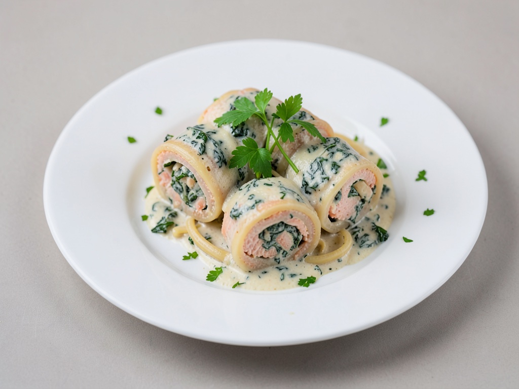 Lachs-Nudel-Röllchen mit cremigem Spinat