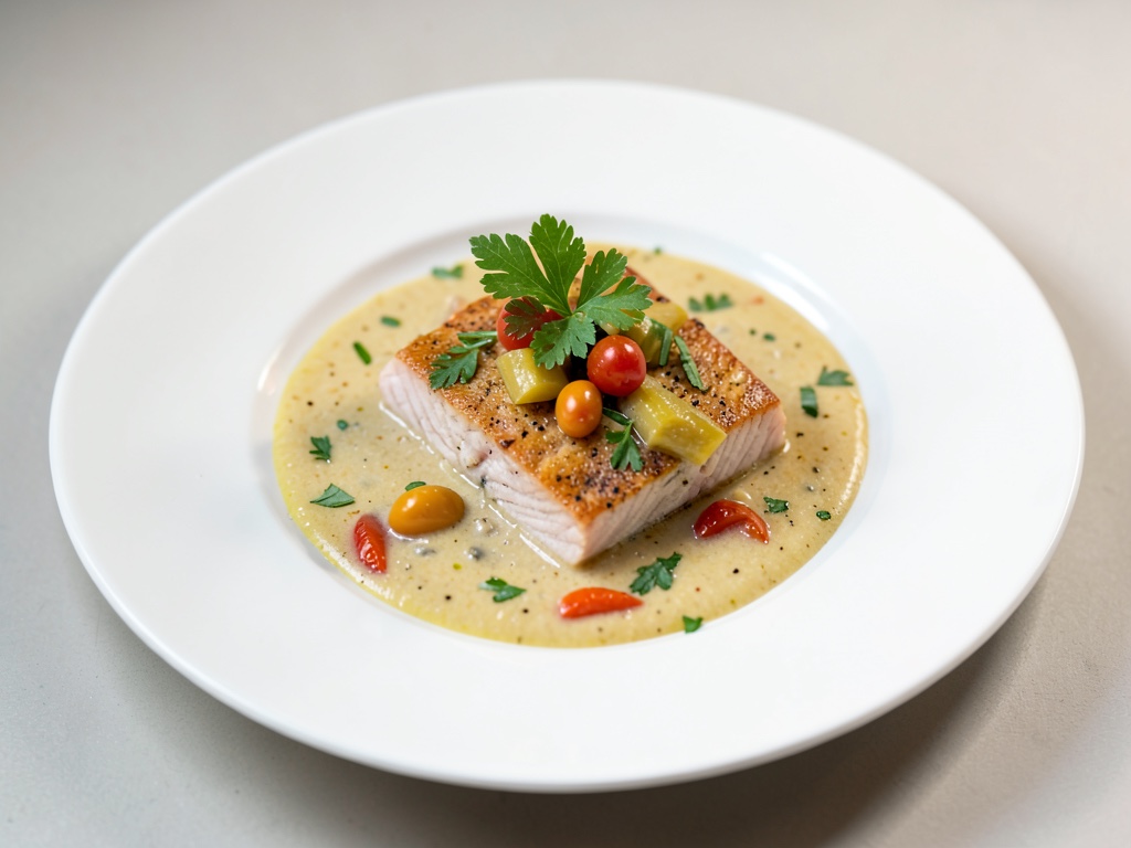 Sopa cremosa de salmón y coco con aroma exótico