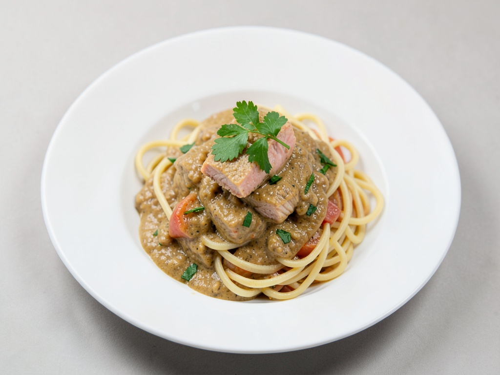 Cremiges Lachs-Curry mit Nudeln