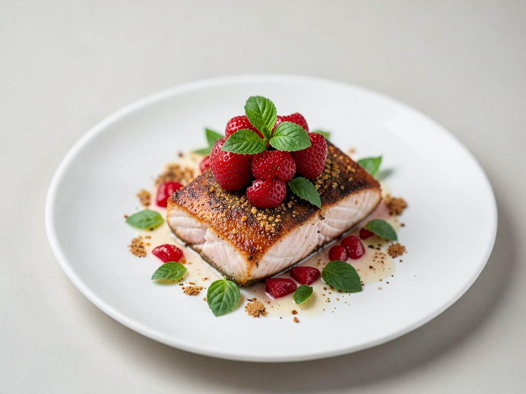 Salmone croccante con topping fresco di fragole e basilico