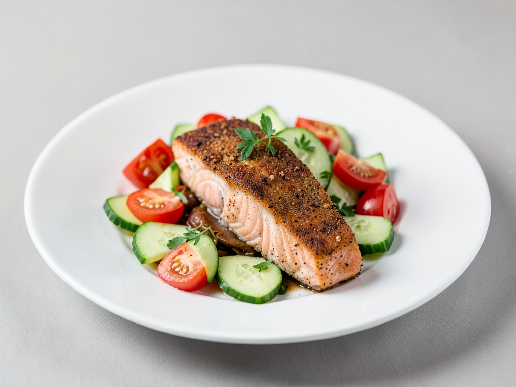 Salmone croccante su insalata fresca di cetriolo e pomodoro