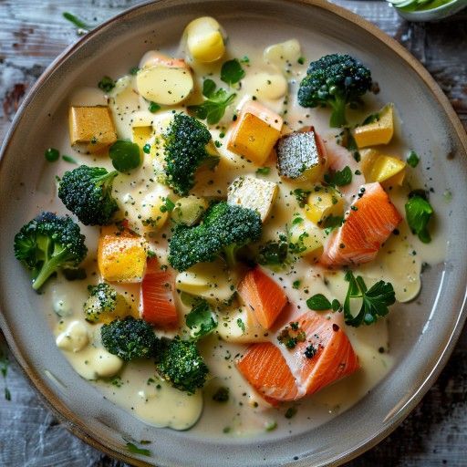 Pochierter Lachs mit Kartoffeln, Brokkoli und Sahnesauce