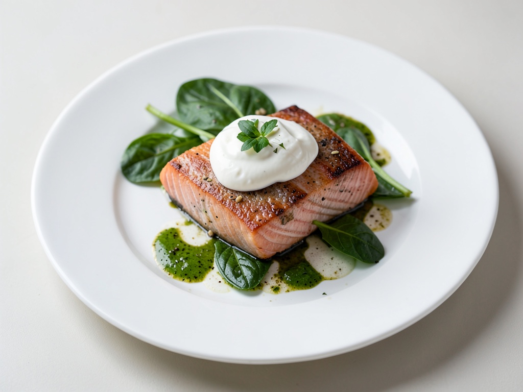 Salmone tenero con crema allo yogurt fresca e spinaci