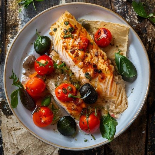 Salmone al forno in carta forno con capperi e pomodori