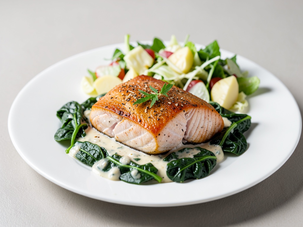 Salmo al forno su crema di spinaci con insalata di patate fresca