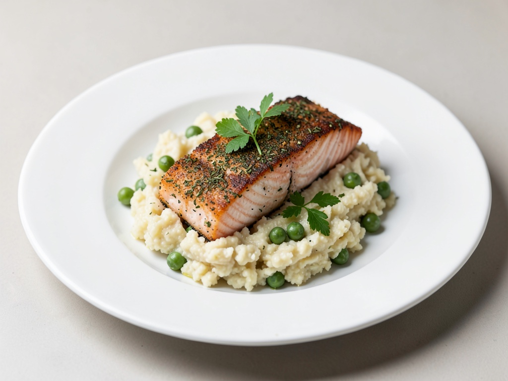 Salmone croccante alle erbe su purè cremoso di piselli e patate