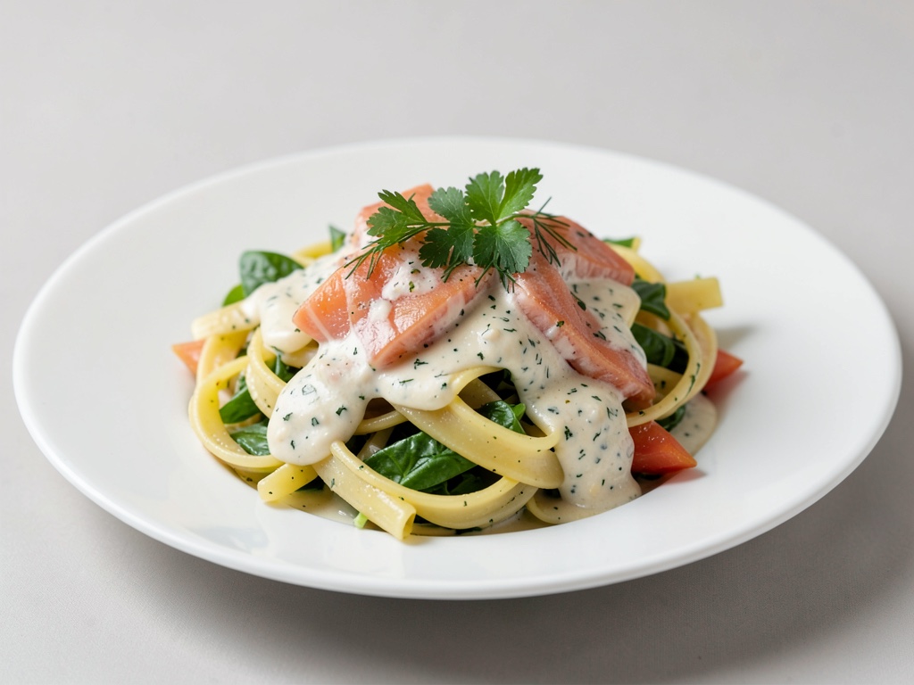 Frühlings-Pastasalat mit Lachs und cremiger Kräuter-Grana-Padano-Sauce