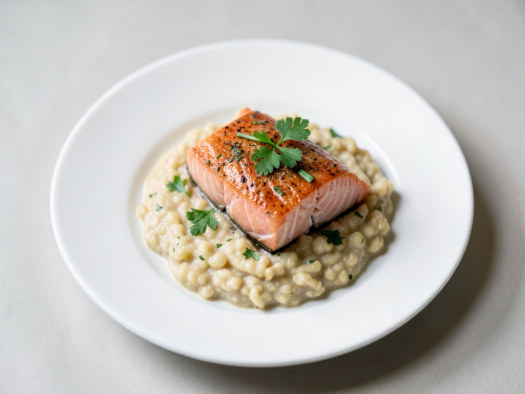 Salmone tenero su lenticchie cremose